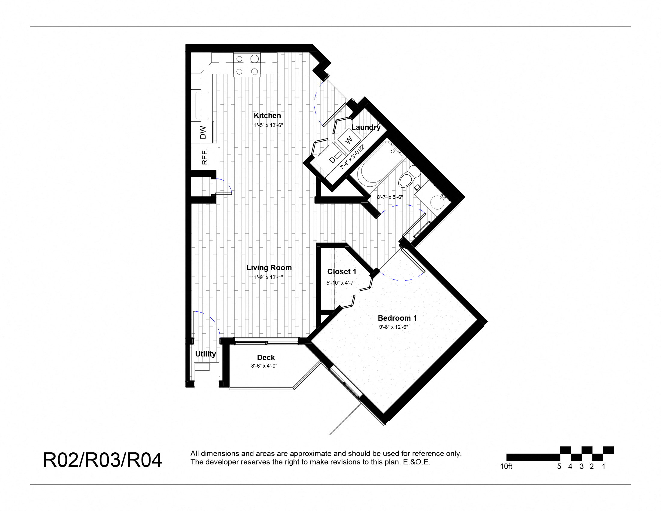 Floor plan for 1 bed, 1 bath, 641 sqft